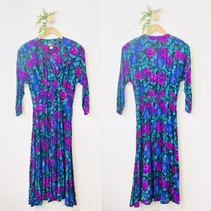 Vintage Dawn Joy Teal Purple Colorblock Retro 100% Rayon Dress
